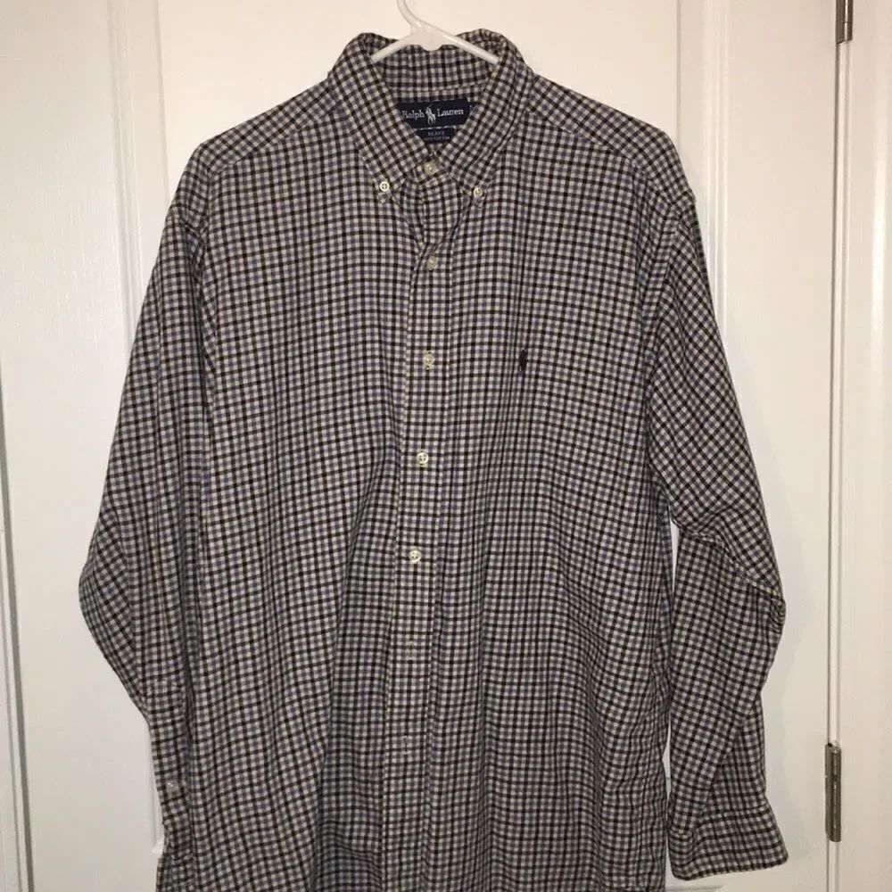 Blue Flannel plaid pony Ralph Lauren shirt L Blake